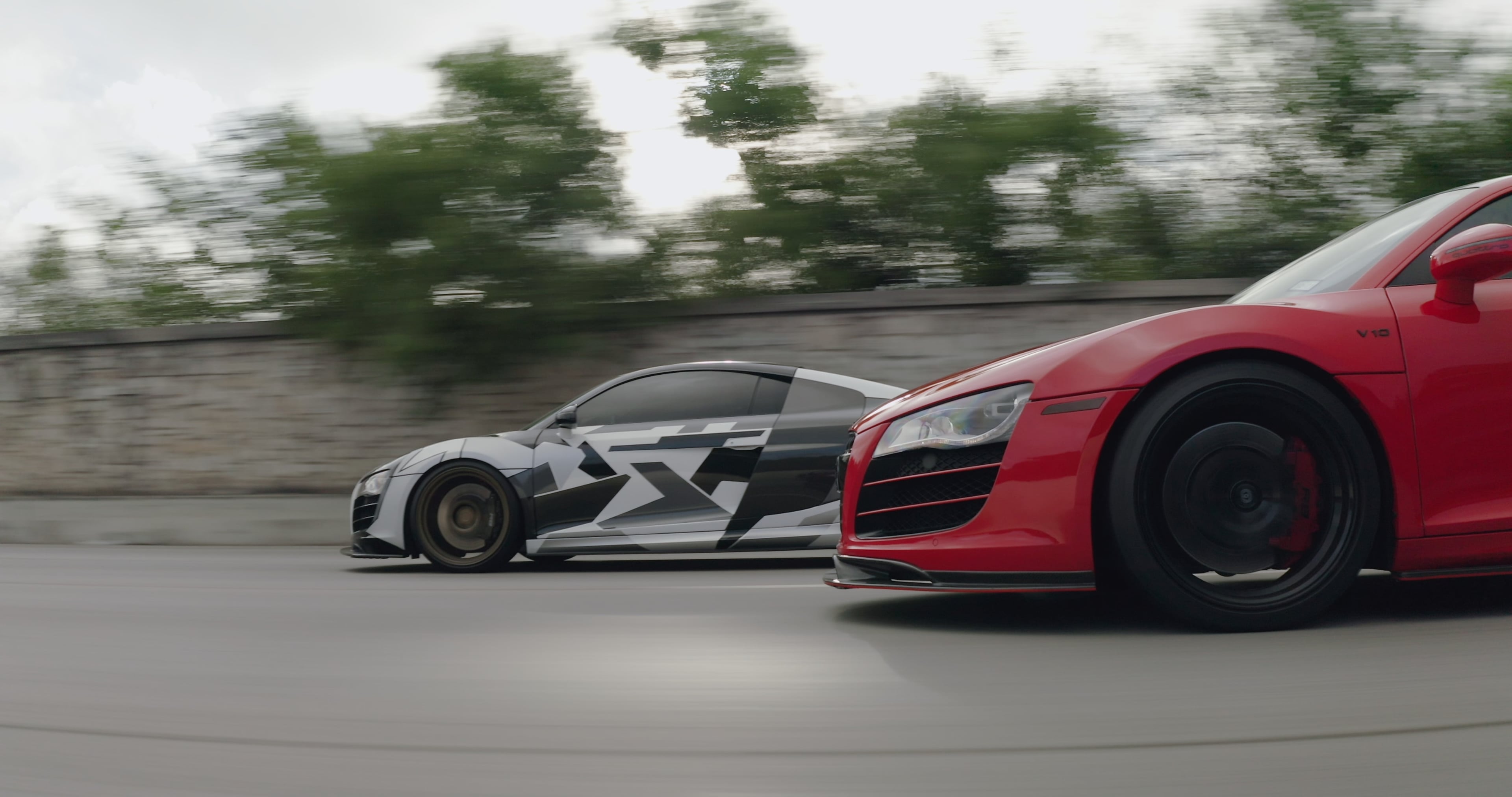 Red Audi R8 on an overcast road, plain Rec.709 conversion