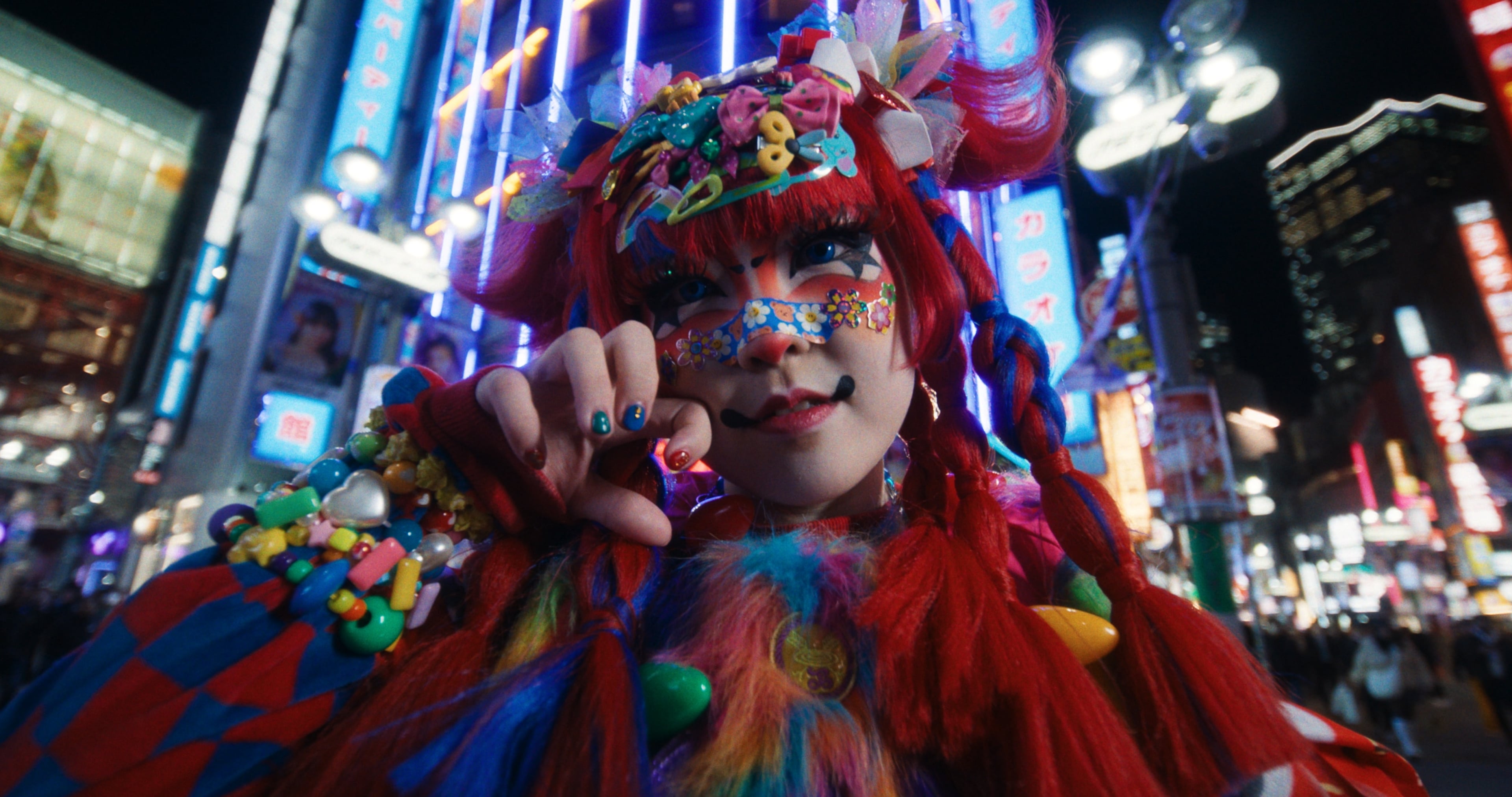 Close-up of a decora performer with red braided hair and painted face under Tokyo neon, rendered through Latent