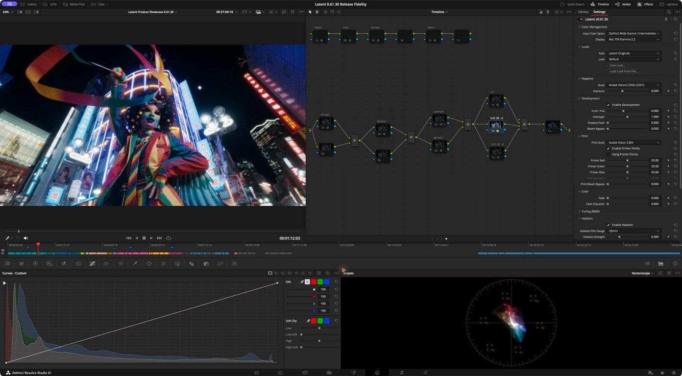 Latent running as a single node on DaVinci Resolve's color page, with its OFX controls open in the inspector